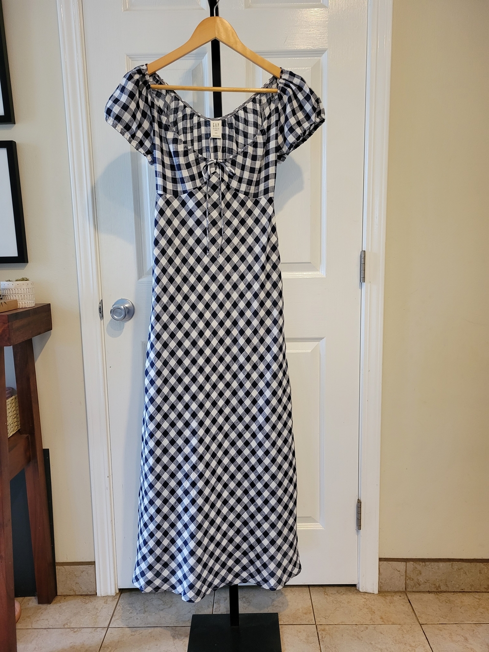 Gap x DOÉN Navy/White Gingham Midi Dress 100% Linen, XXS